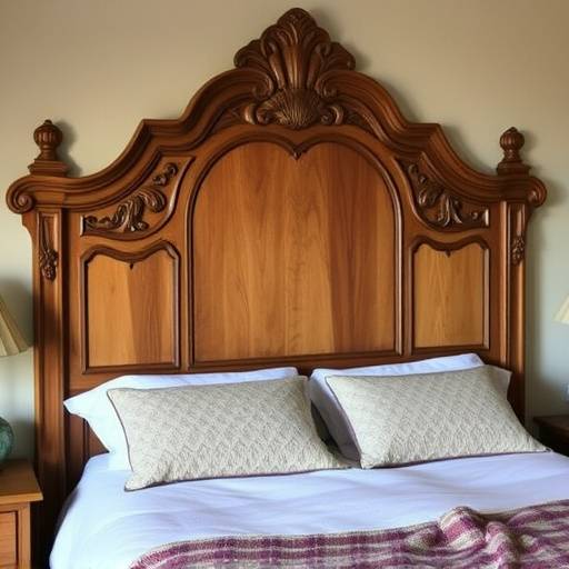 A beautifully designed wooden headboard with intricate carvings, showcased in a cozy bedroom setting.