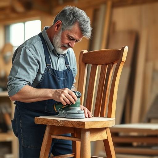 A craftsman carefully sanding a wooden chair frame in a well-lit workshop.