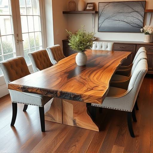 A handcrafted wooden dining table with a live edge, surrounded by six upholstered chairs.