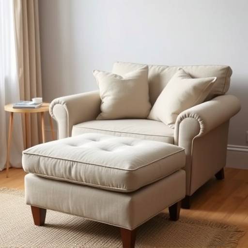 Comfortable, oversized armchair upholstered in a light linen fabric with a matching ottoman.