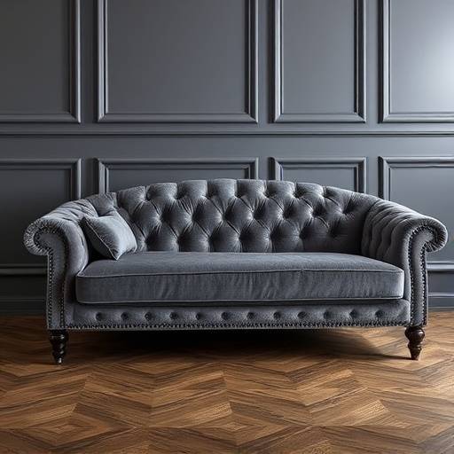 Elegant, grey velvet sofa with tufted cushions and dark wood legs.