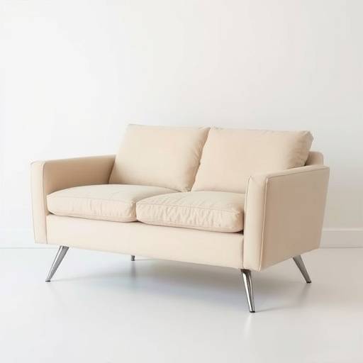 Modern loveseat sofa in a minimalist design, upholstered in light beige fabric with metal legs.