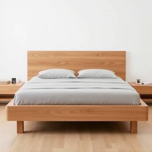Modern platform bed frame made of solid oak wood with a minimalist headboard.