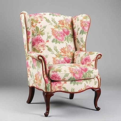 Wingback armchair upholstered in a floral patterned fabric with elegantly curved wooden legs.